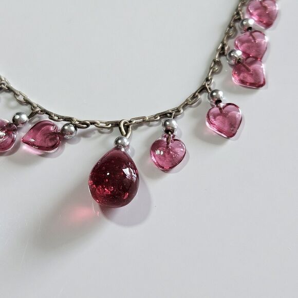 **Final Sale** Silver Tone Red Heart Shaped Glass Dangling Beaded Necklace 14" - Picture 13 of 14